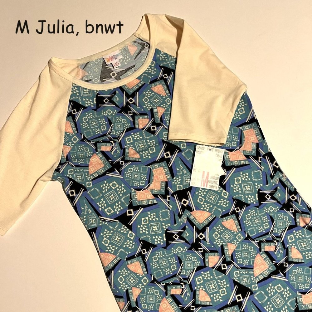 Medium Lularoe Julia sheath dress, blue patchwork with cream sleeves